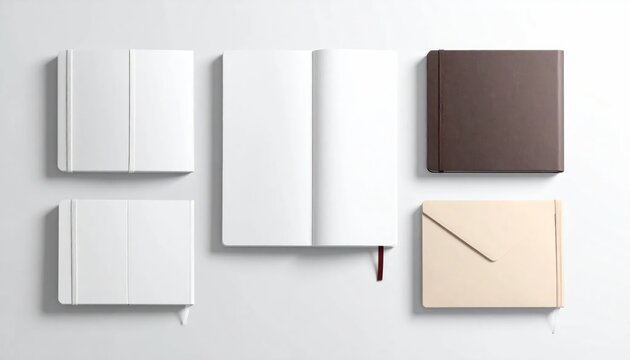 Top View of Various Notebooks and Journals on a White Background.