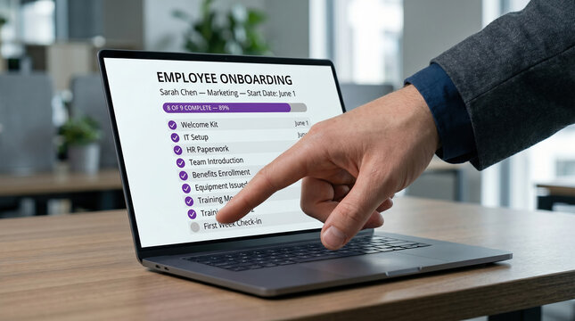 Employee onboarding digital checklist on laptop screen, corporate HR training and orientation process, hand pointing at human resources software