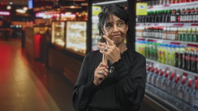 Woman in black dress dabs brush to cheek and holds multiple makeup brushes in supermarket aisle near shelves of bottled drinks; quiet contemplation.