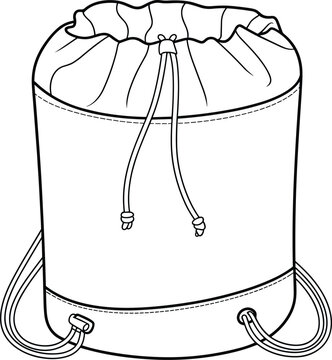Flat vector line drawing drawstring backpack illustration, reinforced fashion accessory sketch