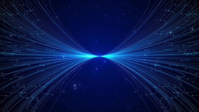 Blue data fiber light convergence background with curved lines, glowing dots, star space, and deep central horizon. Perfect for network videos, cloud systems, AI motion, and technology overlays.
