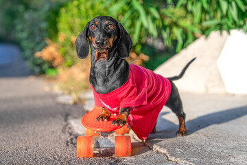 A dachshund in a red jersey stands on an orange skateboard on the sidewalk against a backdrop of green plant, a concept that evokes the lifestyle of a pet athlete. © Masarik