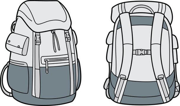 Flat vector line drawing hiking backpack illustration, outdoor travel gear design sketch