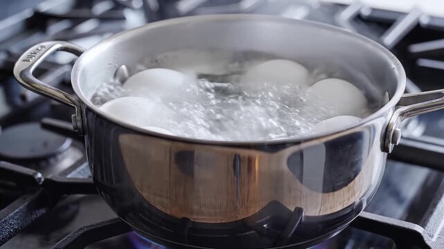Closeup of HardBoiled Eggs Simmering in a Pot of Boiling Water on a Gas Stove.