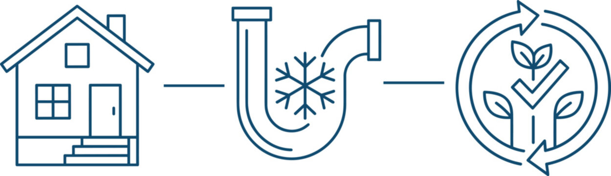 Eco friendly home plumbing and cooling system line icons featuring house frozen pipe and sustainable energy symbols for cad drawing flat vector illustration.