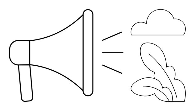 Communication, advocacy, sustainability, awareness, nature protection, public announcements. A megaphone emitting sound waves with a cloud and leaves . Communication and nature protection concept