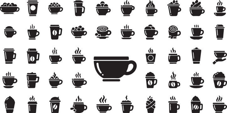 Coffee cups and hot drinks icons set with beverage, caffeine