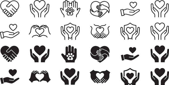 A set of hands vector illustration featuring black silhouette heart icons and tribal tattoo art shapes for a creative love sign design