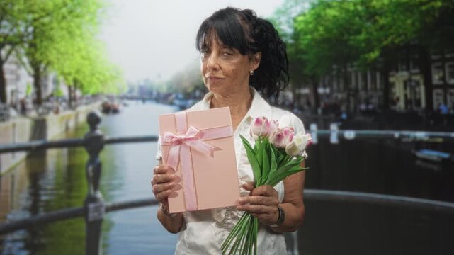 Woman holds pink gift box and bouquet of tulips with hands, looking at gift on canal bridge; nostalgia memory.