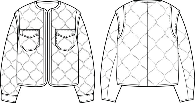 Flat vector line drawing quilted jacket illustration, fashion garment design sketch