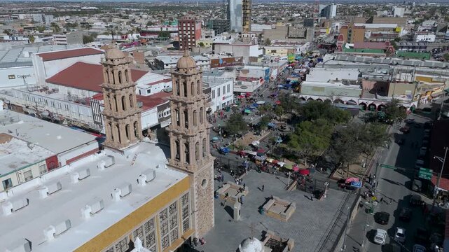 Aerial view of Cathedral of Ciudad Juarez and historical center square in Chihuahua Mexico