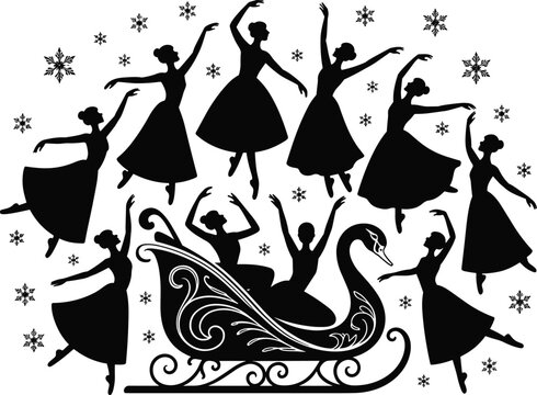 WebBallet dancer silhouettes, swan sleigh illustration, winter snowflake design, festive performance artwork, graceful pose figures, holiday season dance scene