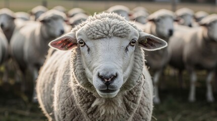 Fototapeta premium Close Up Portrait of a Sheep Facing Camera in a Flock