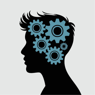 Black silhouette of a man's head with blue gear mechanisms