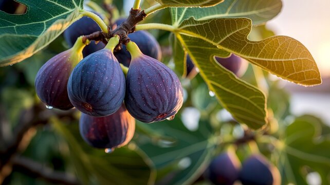 Fresh ripe purple figs hanging on tree branch with morning dew, organic anjeer fruit in orchard, healthy Mediterranean food background
