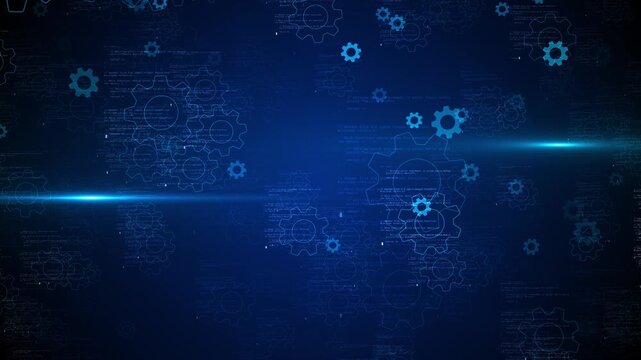 Blue gear automation background with floating cog shapes, code textures, lens flares, and dark technology space. Perfect for engineering videos, software systems, industry promos, and overlays.