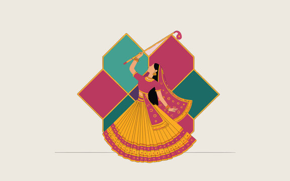 An Indian woman in a traditional lehenga choli dancing with a stick against a geometric diamond dancer