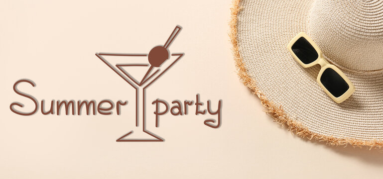 Banner with text SUMMER PARTY, sunglasses and summer hat on beige background