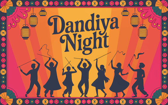 Dandiya night poster with silhouettes of people dancing with sticks against a vibrant orange garba 