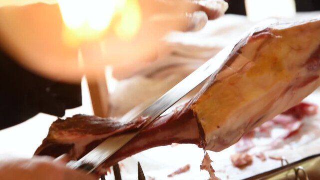 Slicing Jamon Serrano &ndash; Traditional Spanish Ham Cutting Close Up