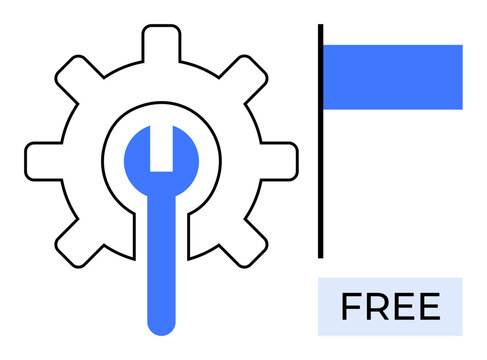 Maintenance tools, open access software, free services, system settings, repair solutions, user-friendly platforms. A gear with a wrench and a blue flag beside a FREE label. Maintenance tools