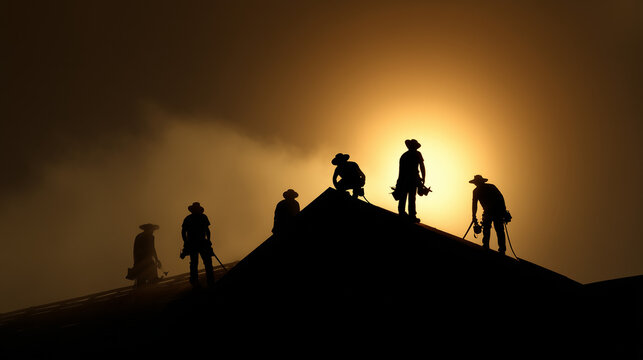 roofing crew working at dawn, silhouetted by the sunrise atop a peaked residential roof - photographed from a lower angle looking up, an artful professional realistic photo for roof installer, roofers