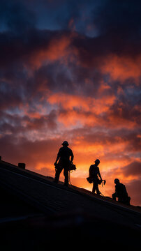  roofing company crew working at dawn, silhouetted by sunrise, clouds over the roof -  dramatic vertical, mobile professional realistic photo for roof installer, sunset sky