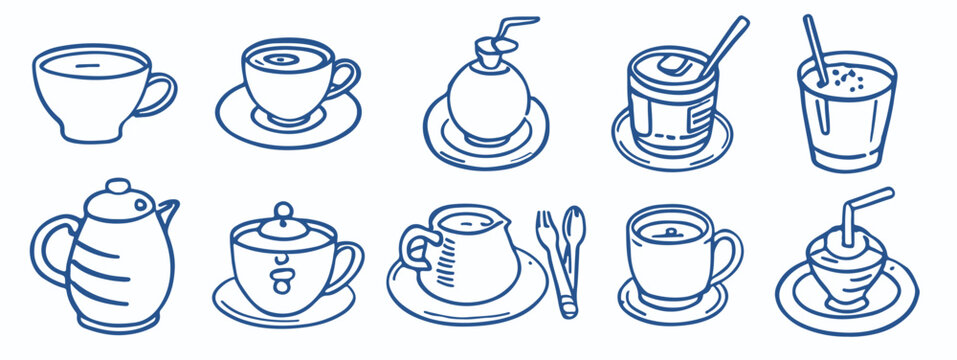 Hand drawn vector icon set of coffee cups, tea pots, and cold beverages in doodle style.