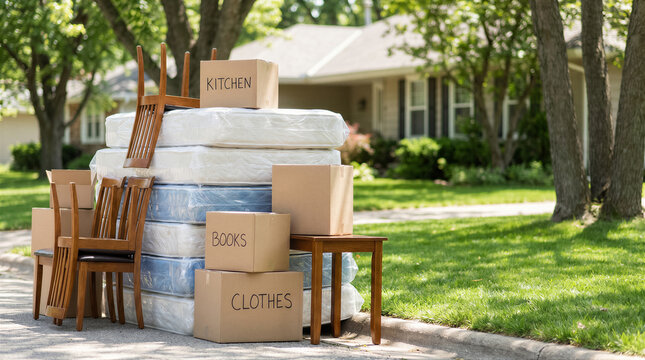 Stack of mattresses, cardboard boxes labeled with kitchen, books, and clothes, and wooden chairs placed on the curb for trash pickup