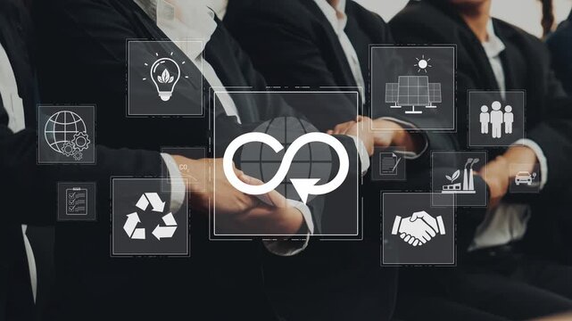 A professional business team demonstrating teamwork and collaboration with an infinity symbol, representing ongoing innovation and success in a modern office setting. Raster