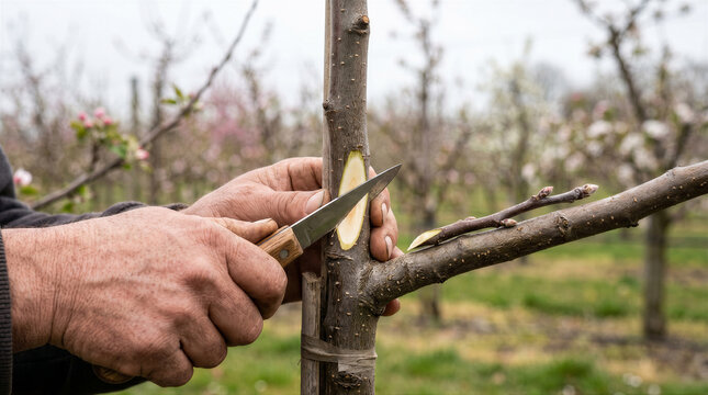 Closeup of a farmers hands using a grafting knife to prepare a fruit tree branch for grafting in an orchard during spring