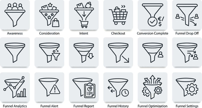 Set of sales funnel and marketing conversion icons for business analytics.