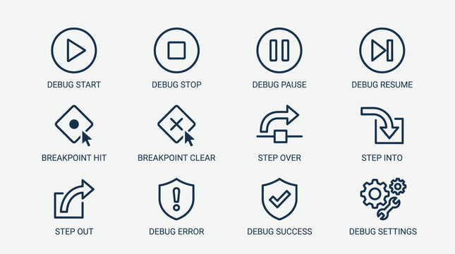 Set of software debugging and programming development icons.