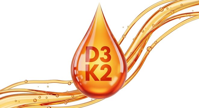Vitamin d3 k2 drop with flowing liquid on white background