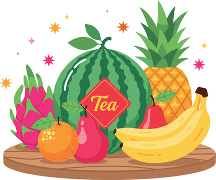 Tropical Fruit Vector Illustration Featuring Watermelon, Pineapple, Banana, Dragon Fruit, Orange, and Rose Apple on a Wooden Tray for Healthy, Colorful, and Decorative Digital Designs