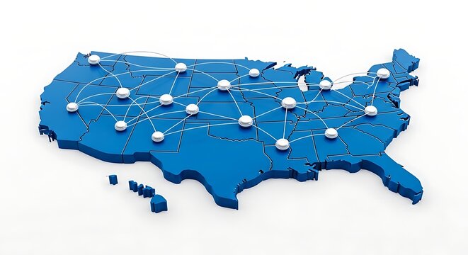 A blue 3d map of the united states with white connections isolated on white background