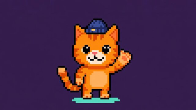Animated pixel art cat waving hello with a blue hat on a purple background.