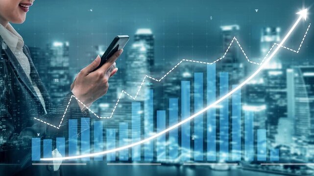A business professional engages with a smartphone while viewing a financial growth graph, set against a vibrant city skyline at night, showcasing modern finance. Copula