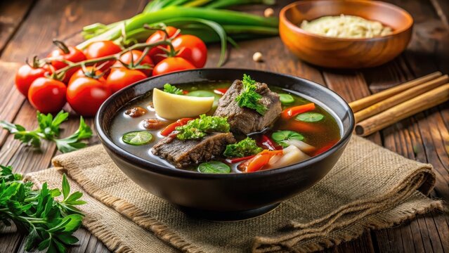 A photo of traditional Sup Konro beef rib soup from Bugis and Makassar garnished with vegetables and herbs served in a black bowl on a wooden board