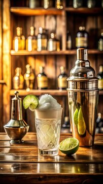 A photo of a vintage cocktail shaker filled with a clear liquid and topped with foam, featuring a lime slice on the rim, in an oldfashioned bar setti