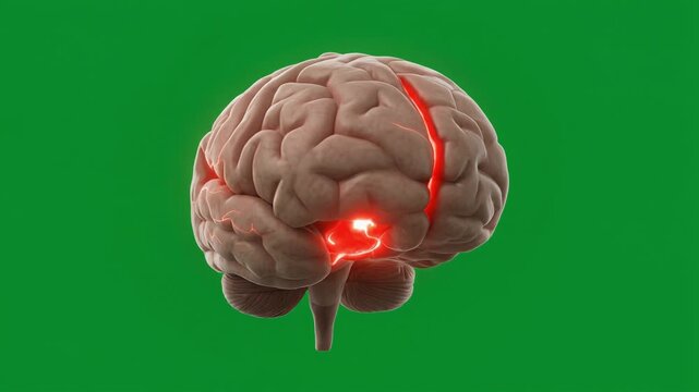 Detailed 3D brain with highlighted stroke region glowing red, visible neural pathways, 4K video