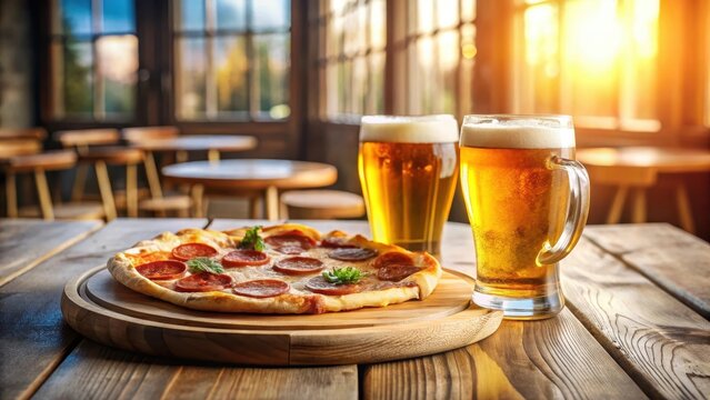 A photo of two beers beside a pepperoni pizza on a wooden board in a restaurant