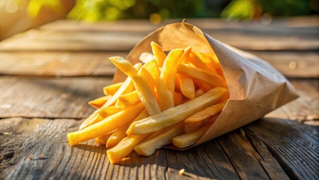 A photo of french fries in a paper wrapper