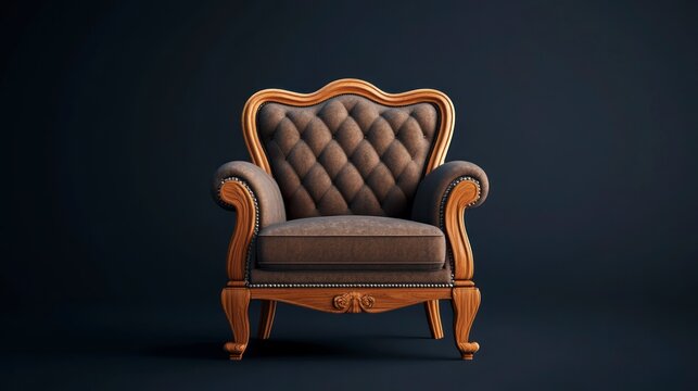 Elegant brown armchair with ornate wooden frame against dark background