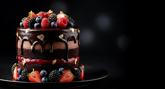 Decadent chocolate layer cake topped with fresh berries and gold leaf edible gold dark background chocolate celebration strawberries blueberries raspberries