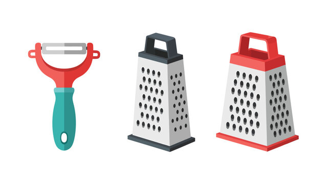 Kitchen Utensils Set: Vegetable Peeler and Box Graters. Flat Design Vector Icons for Cooking and Food Preparation