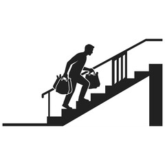 Fototapeta premium Vector Silhouette of a Man Carrying Shopping Bags Up Stairs on White Background