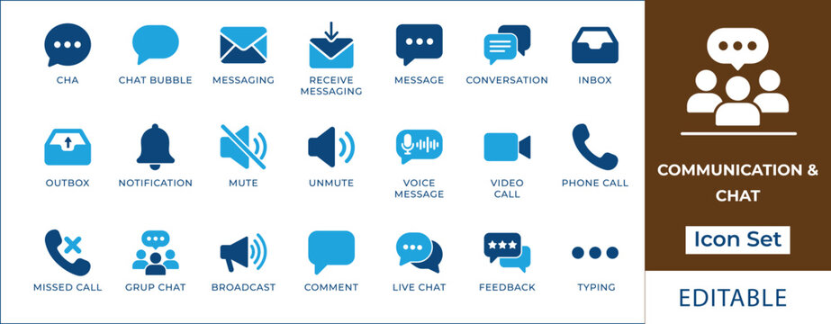 Communication and chat icon set featuring message bubbles, email, video call, notification bell, voice message, phone contact, group chat, and megaphone symbols for UI design.