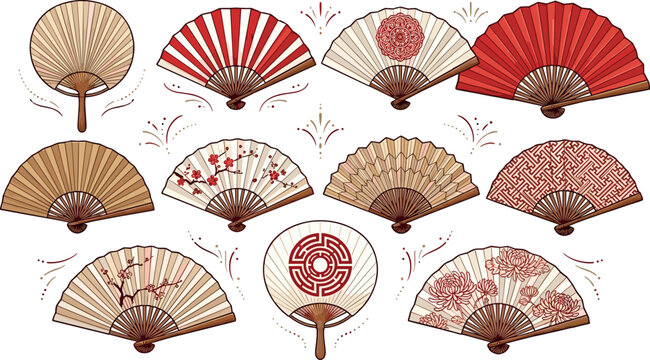 Traditional Japanese and Chinese Hand Fan Collection Featuring Folding Sensu and Rigid Uchiwa Styles with Cherry Blossom Dragon Geometric and Bamboo Patterns Vector Illustration Set