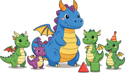Naklejka premium Set of Cute Cartoon Baby Dragons Collection with Large Blue Leader, Green Little Dragons, Purple Baby, Party Hat, and Geometric Shapes for Children's Educational Books, Party Decorations, 